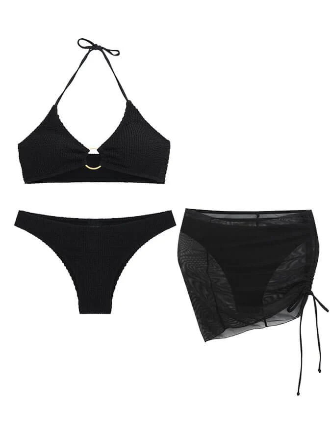 Sexy dreiteiliger Badeanzug-Bikini mit Neckholder in Unifarbe