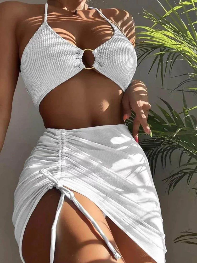 Sexy dreiteiliger Badeanzug-Bikini mit Neckholder in Unifarbe